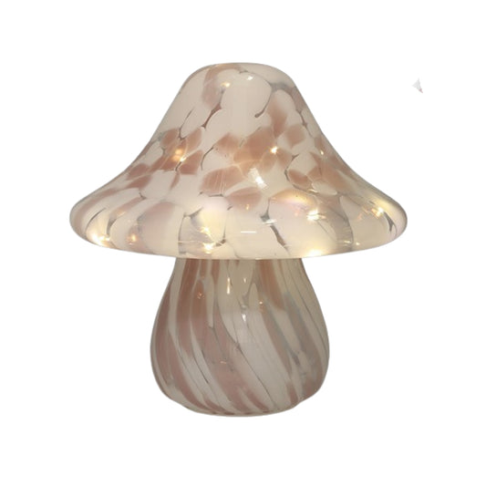 Mushroom-shaped glass lamp with a marbled design on a white background