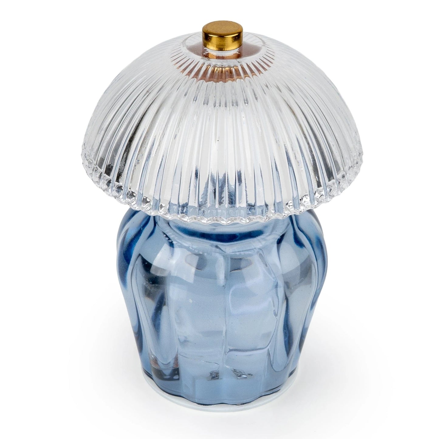 Glass container with ribbed design and gold cap on a white background
