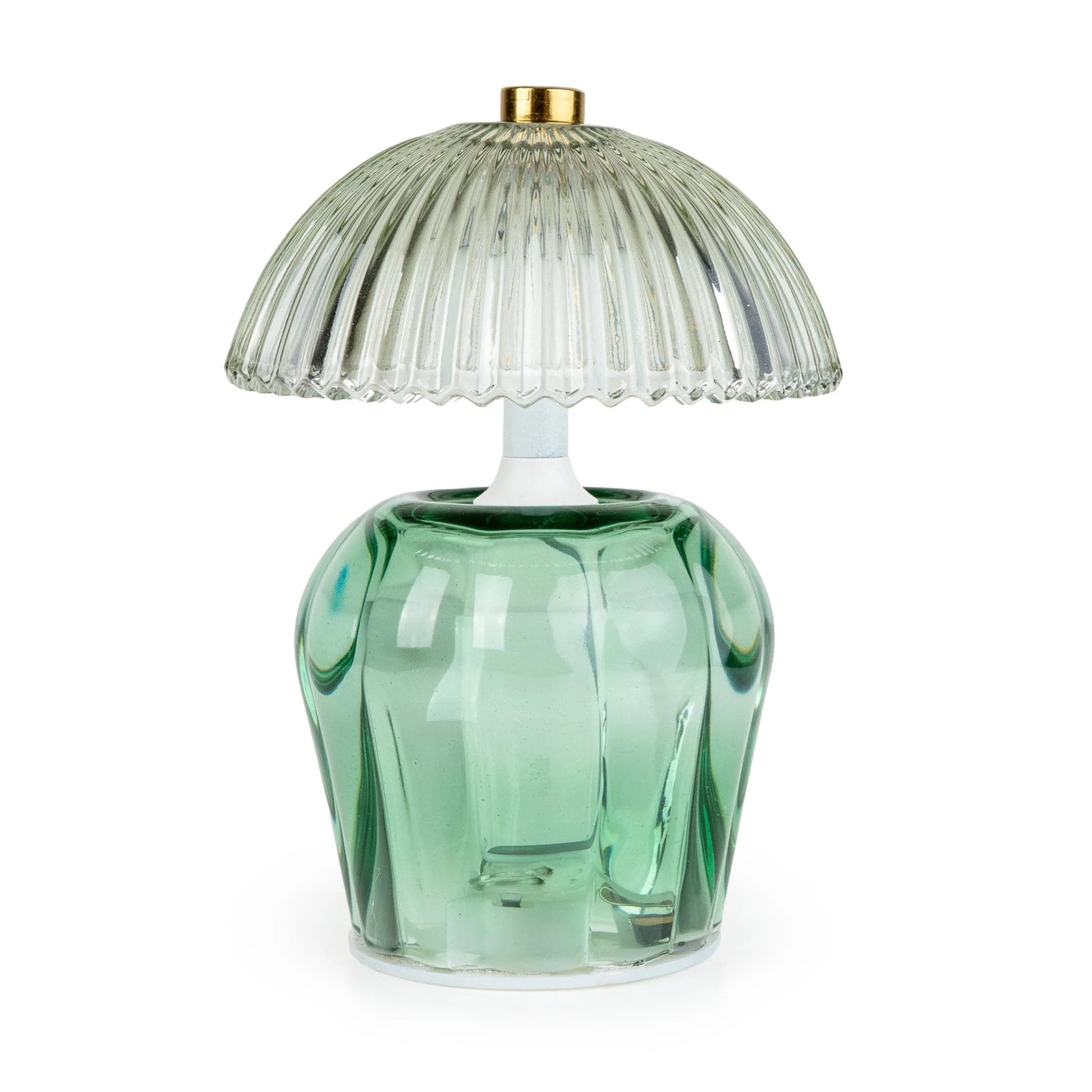 Green glass table lamp with ribbed shade on a white background