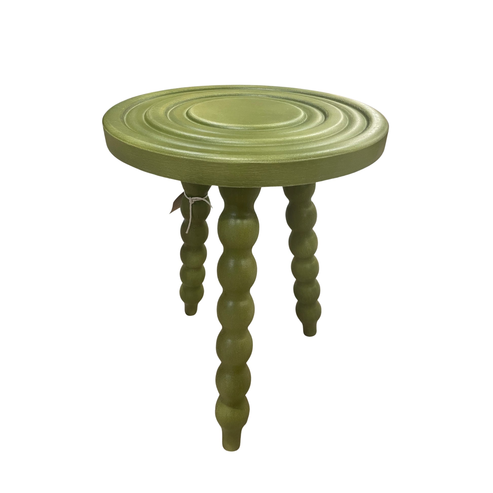 Green wooden round table or stool with spiral legs on a white background