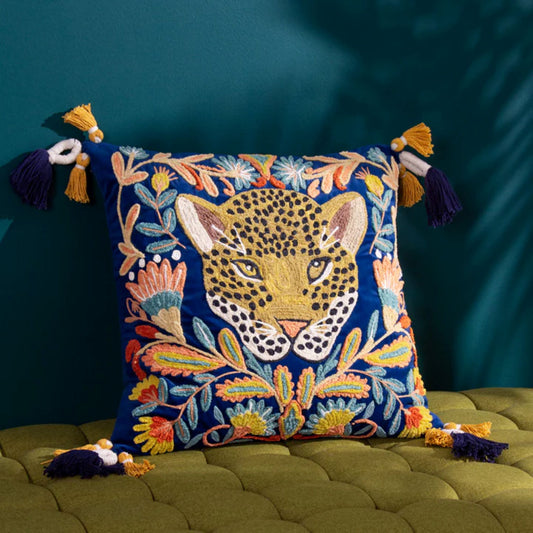 Leopard Embroidered Velvet Tasselled Cushion
