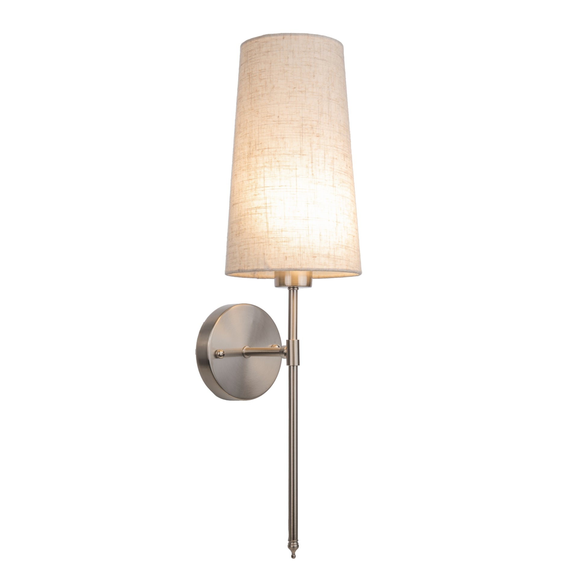 Wall-mounted lamp with a beige shade on a white background