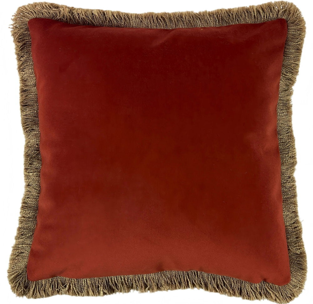 Verona Rust Velvet Cushion with natural fringe