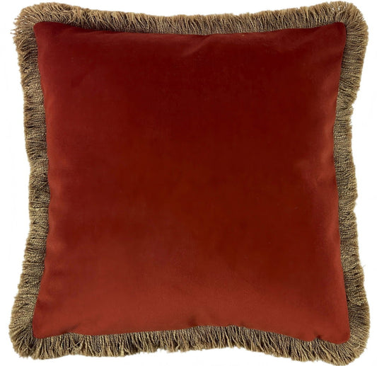 Verona Rust Velvet Cushion with natural fringe