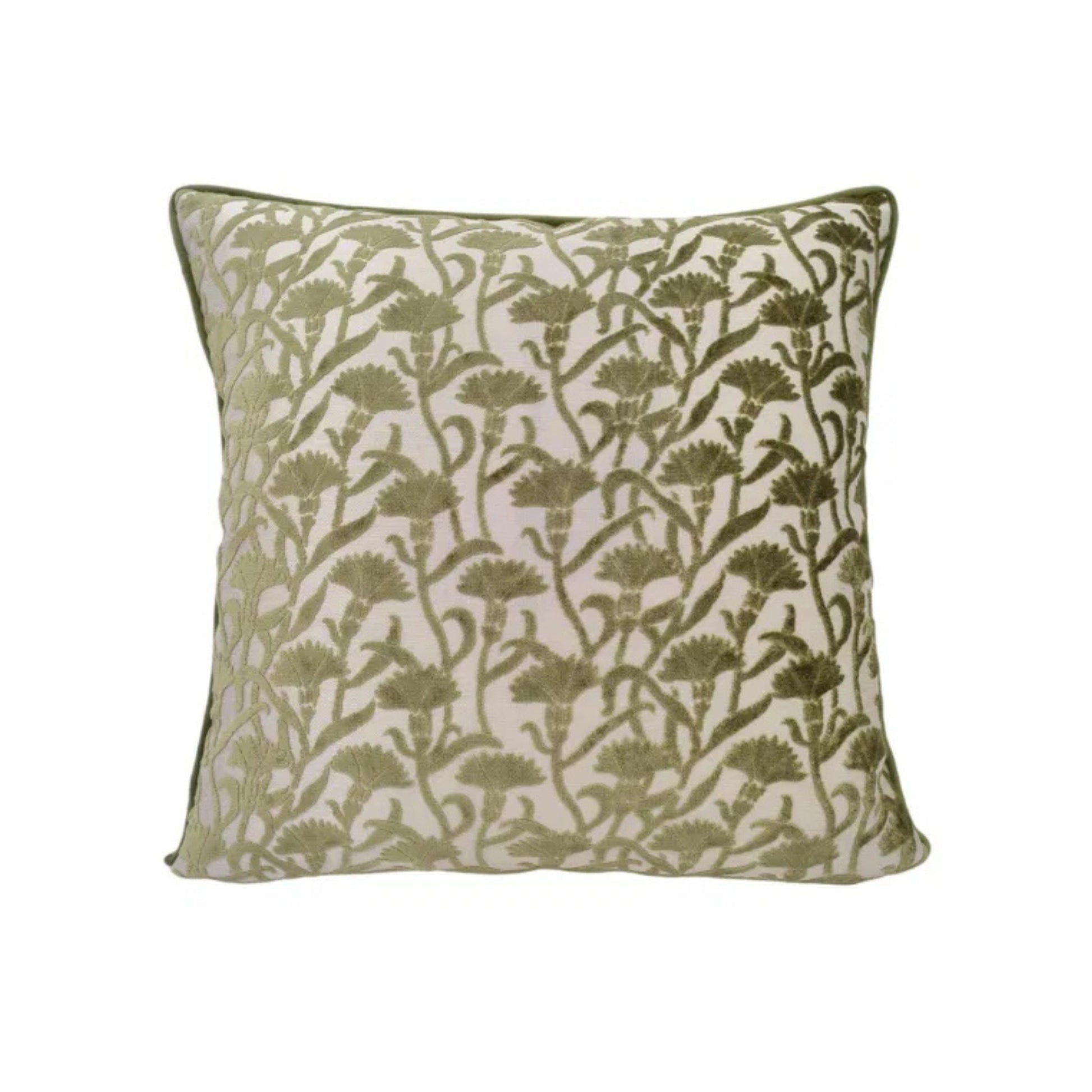 Decorative pillow with green floral pattern on a white background