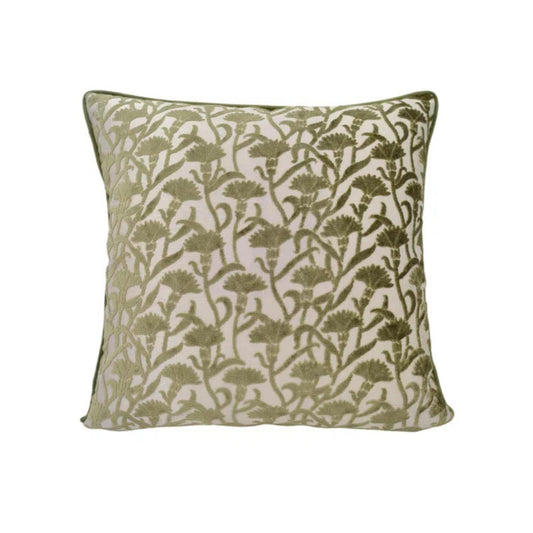 Decorative pillow with green floral pattern on a white background