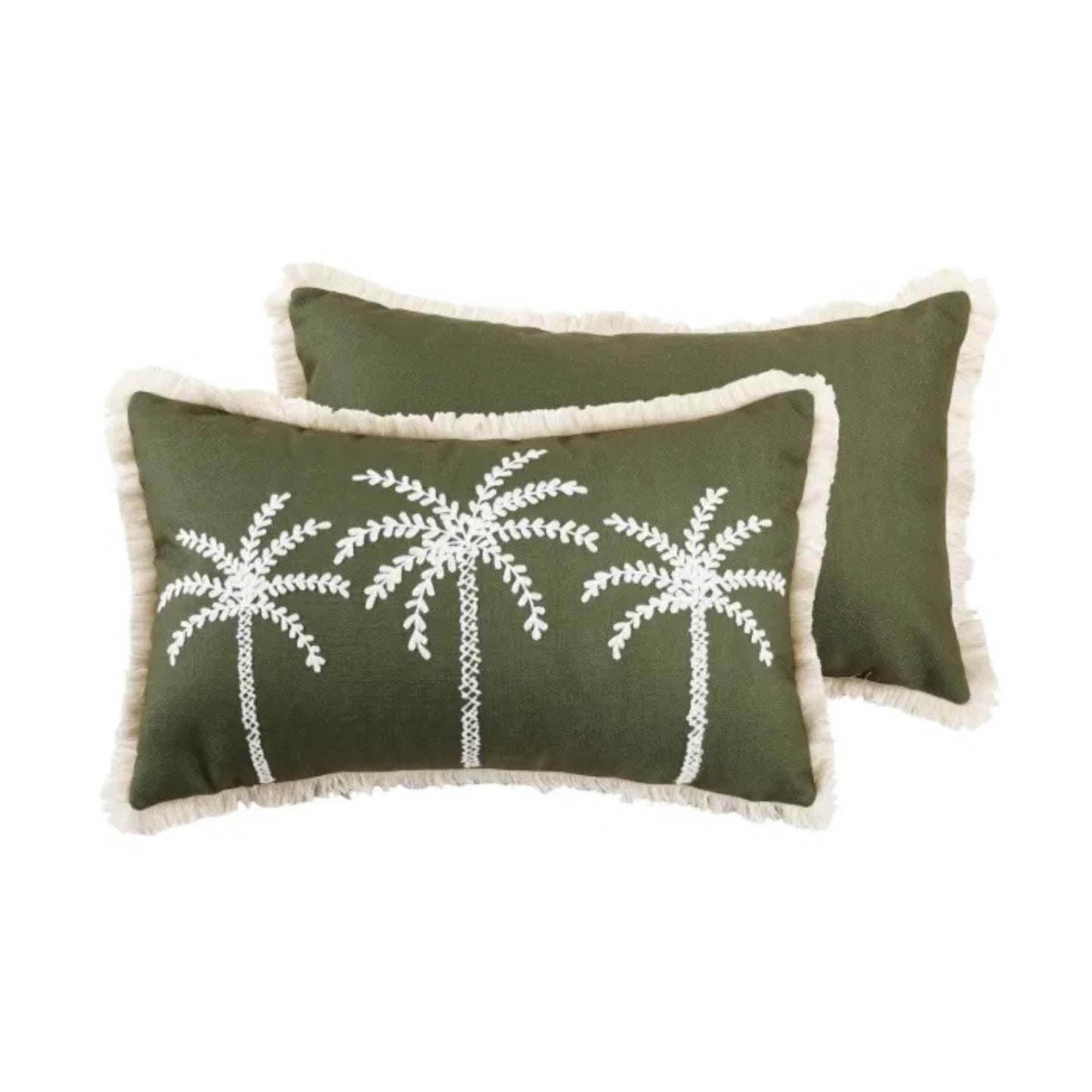 Two green pillows with white palm tree designs on a white background