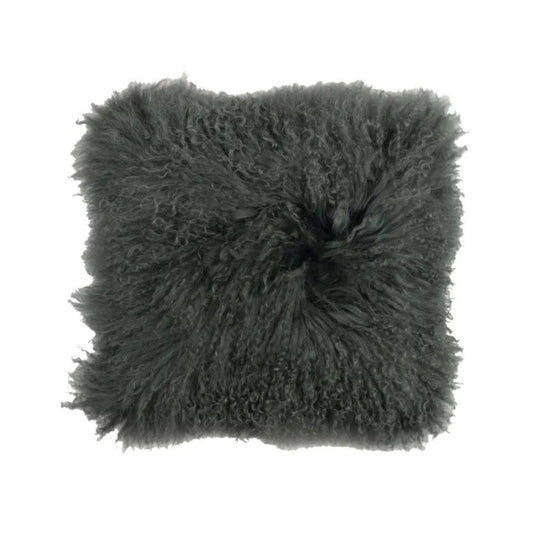 Fluffy Mongolian wool sage green pillow on a white background