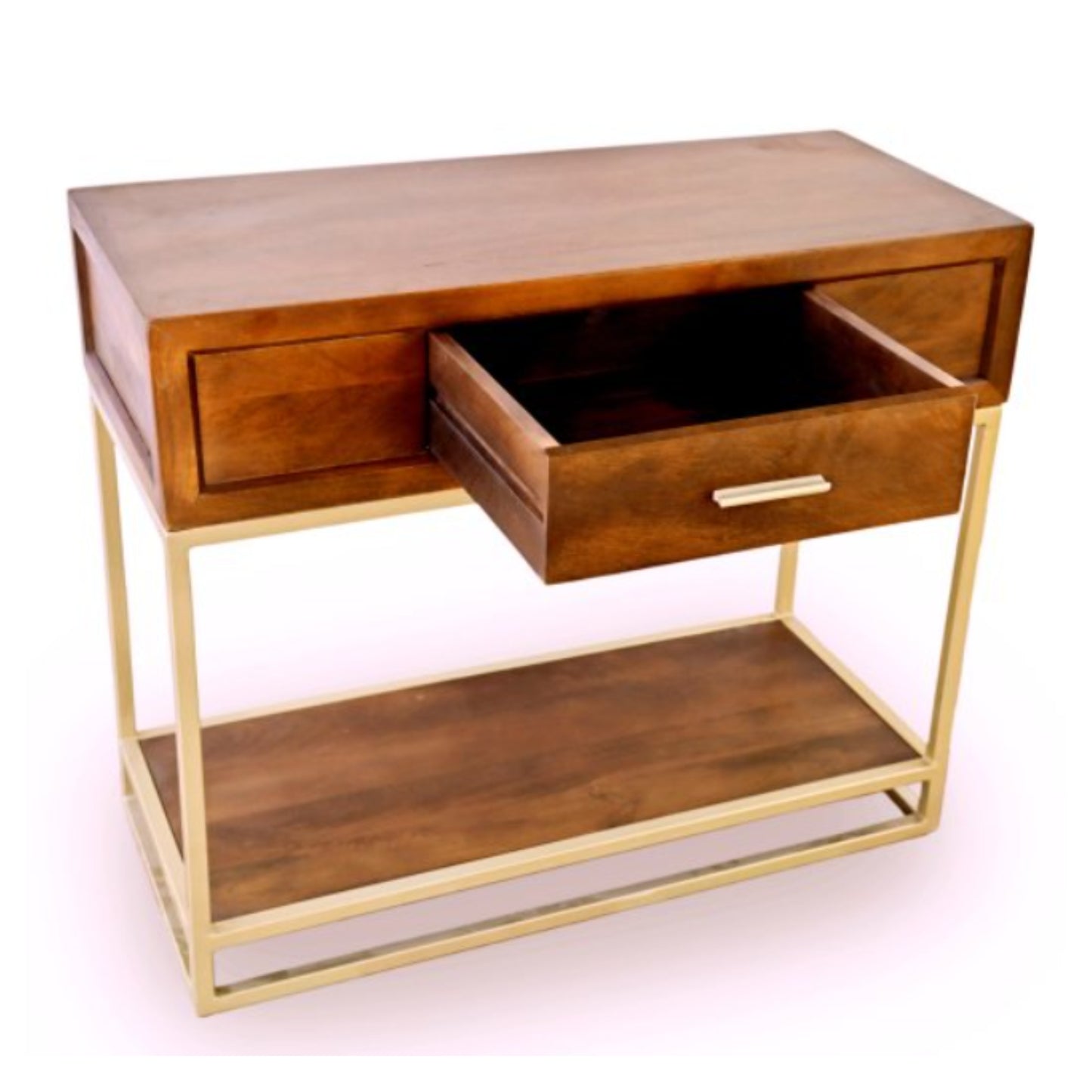 Wooden side table with a drawer and gold frame on a white background