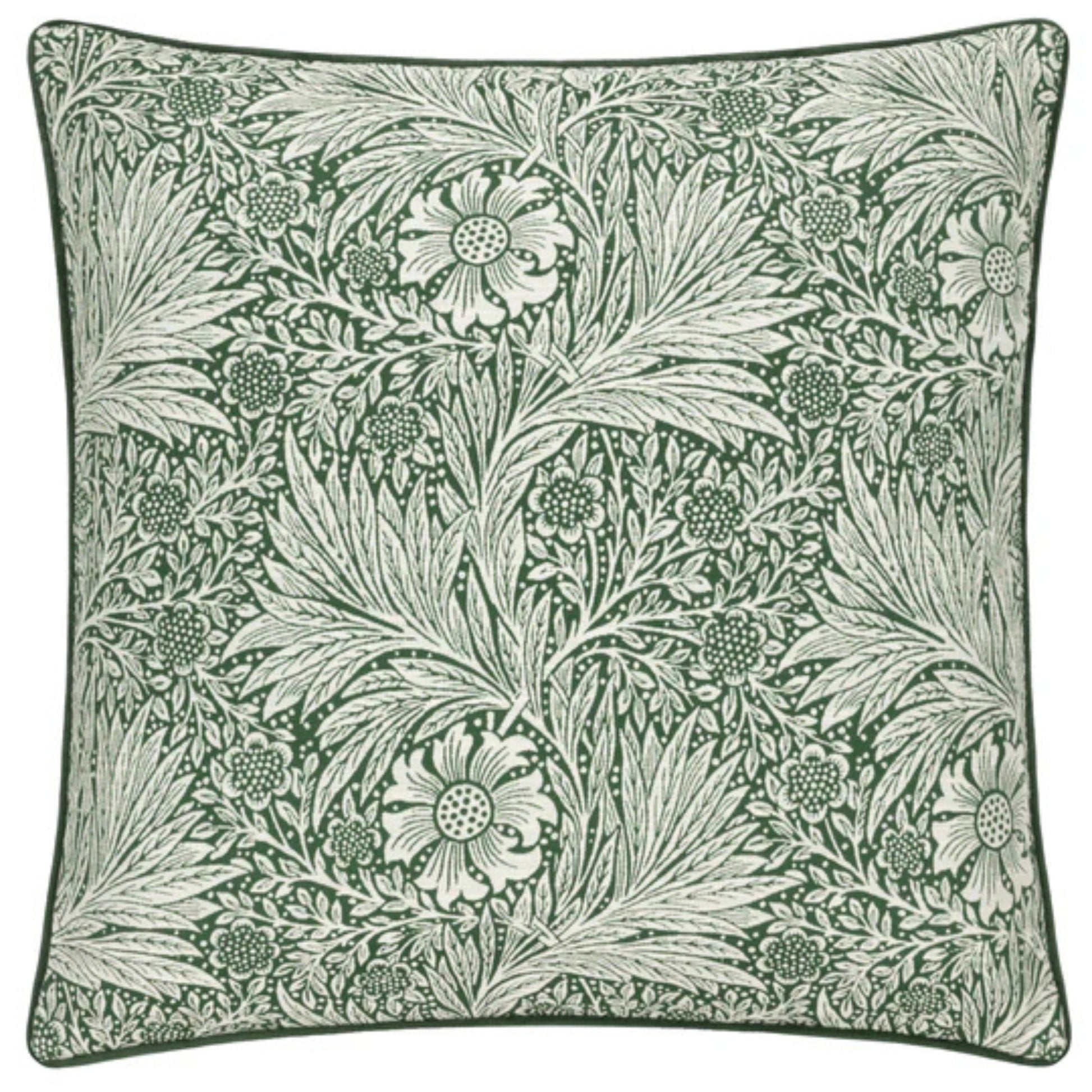 Decorative pillow with floral and leaf pattern in green on a white background