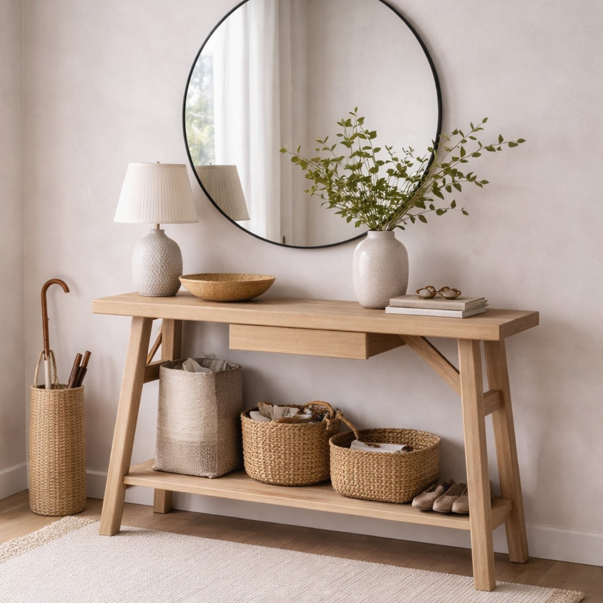Wooden console table with decorative items against a neutral wall.