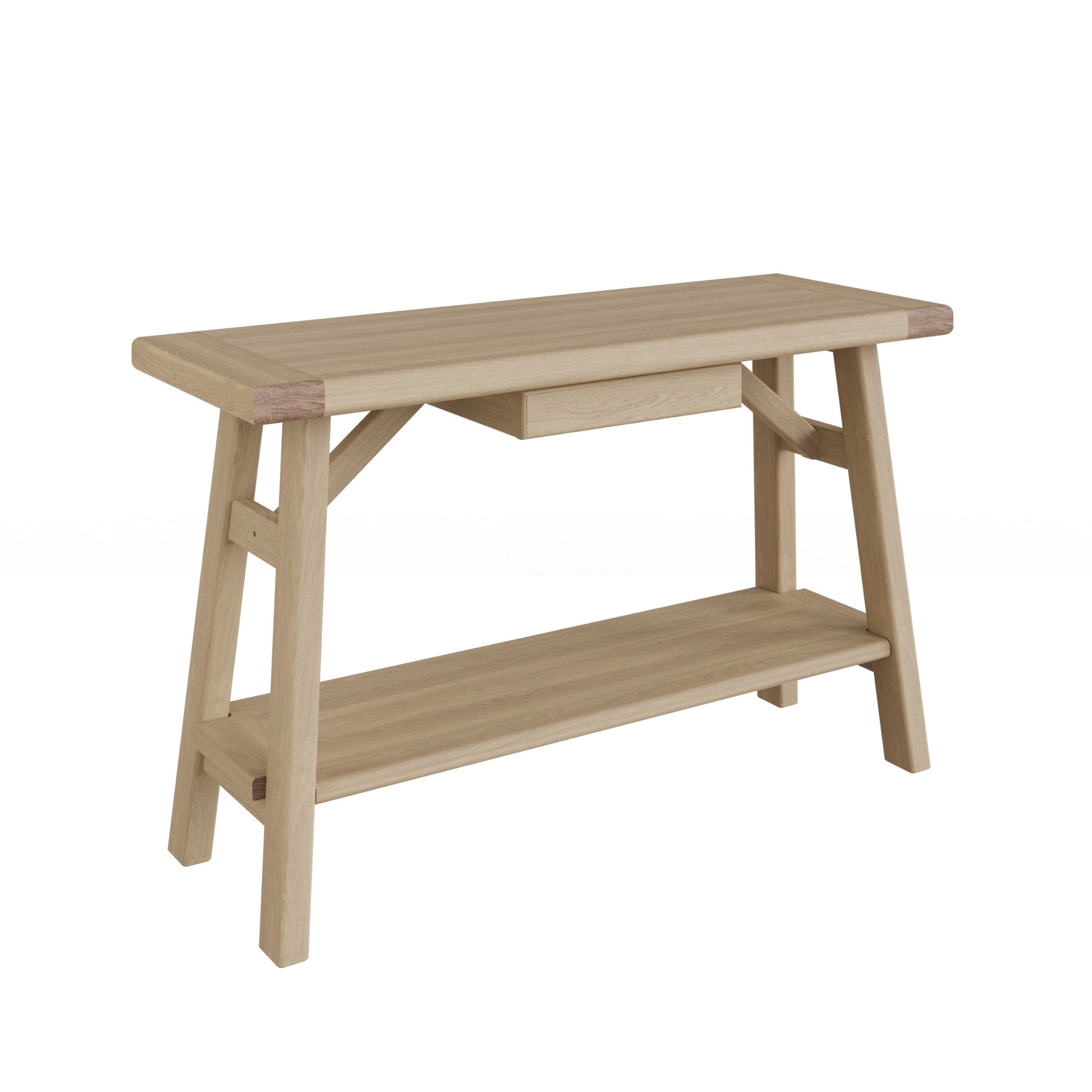 Wooden table with a shelf on a white background