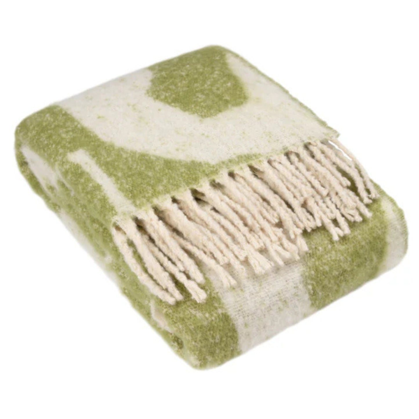 Green and white patterned blanket with fringes on a white background