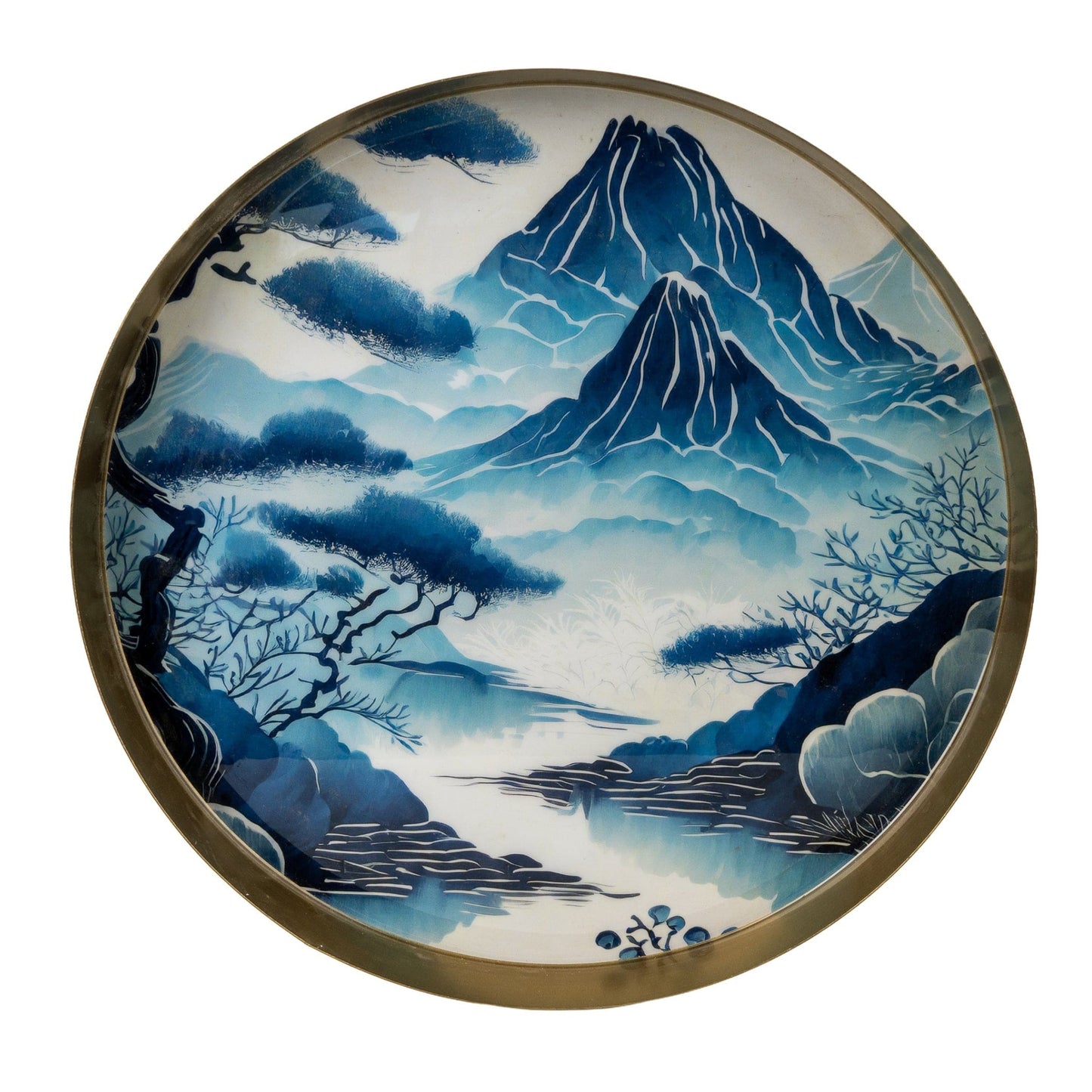 Round decorative tray with a mountain landscape design on a white background