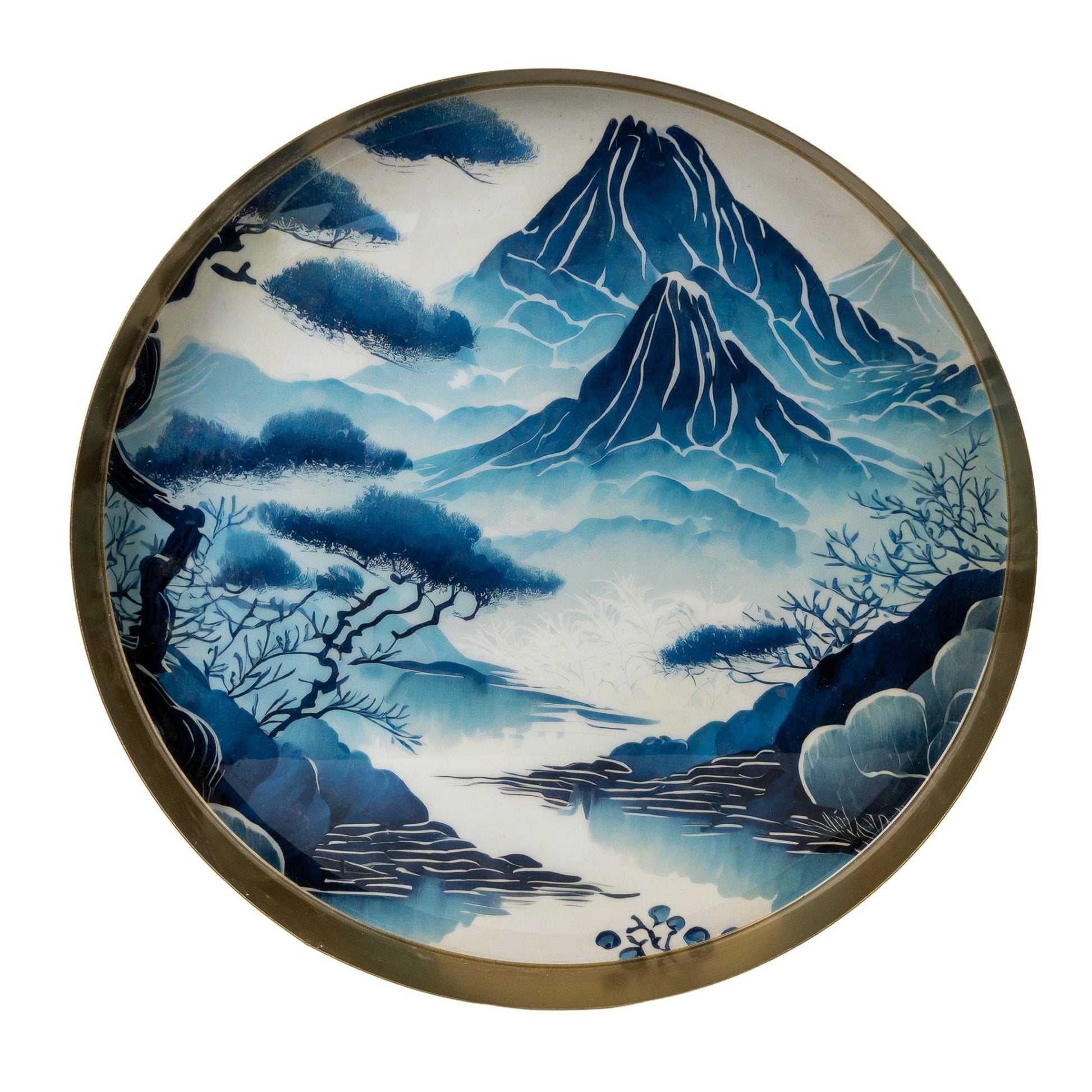 Round decorative tray with a mountain landscape design on a white background
