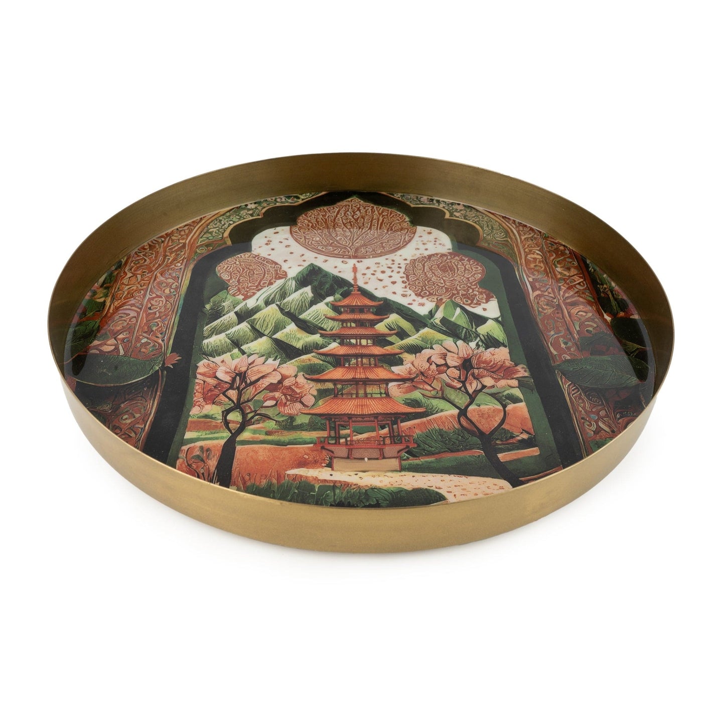 Decorative tray with a scenic design featuring a pagoda and nature elements on a white background.