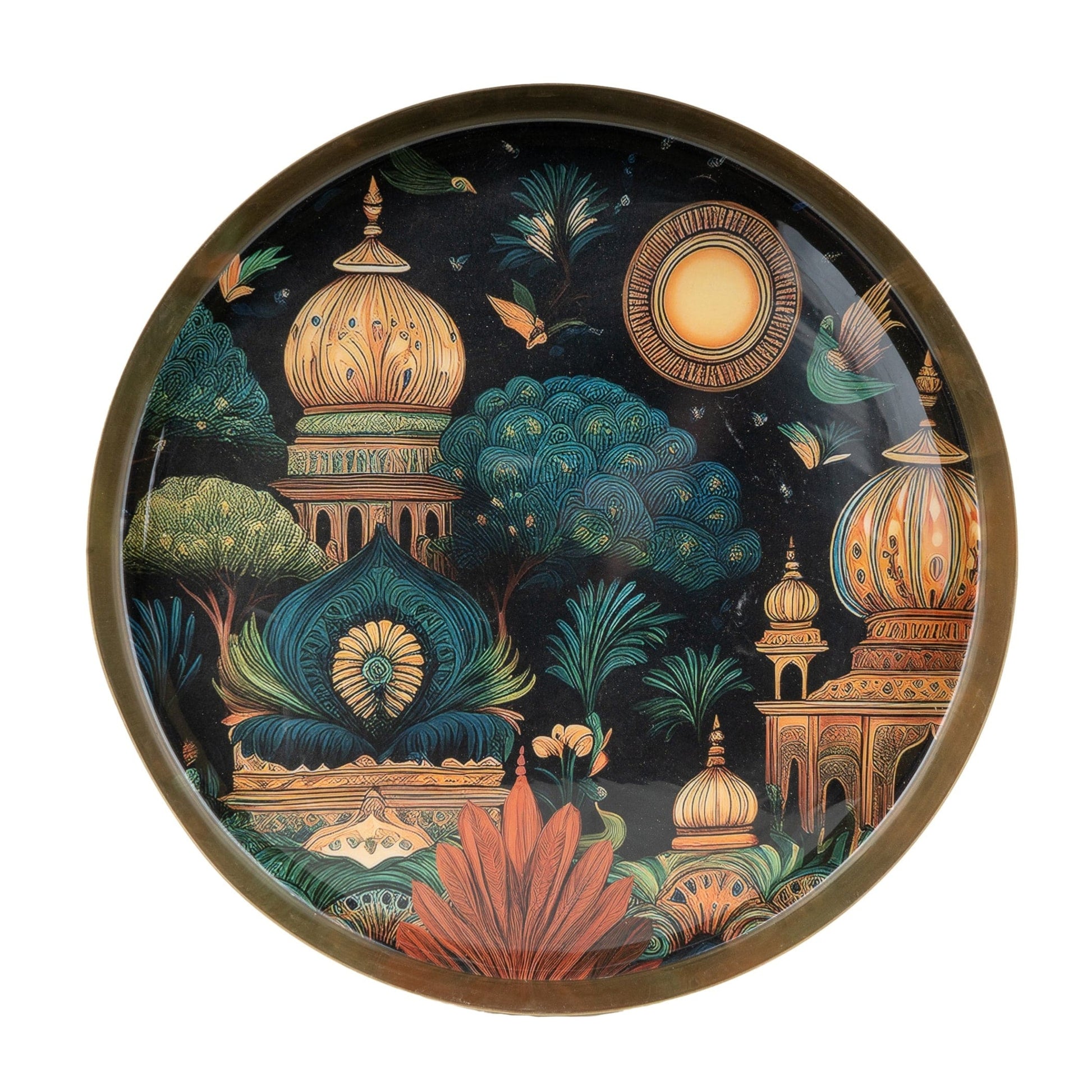 Decorative plate with intricate designs of domes, trees, and a moon on a black background.