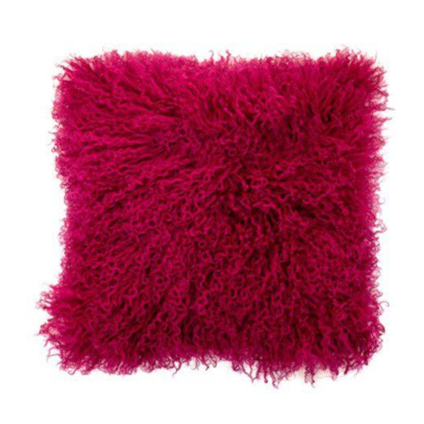 Mongolian Wool Fuschia Fluffy pink pillow on a white background