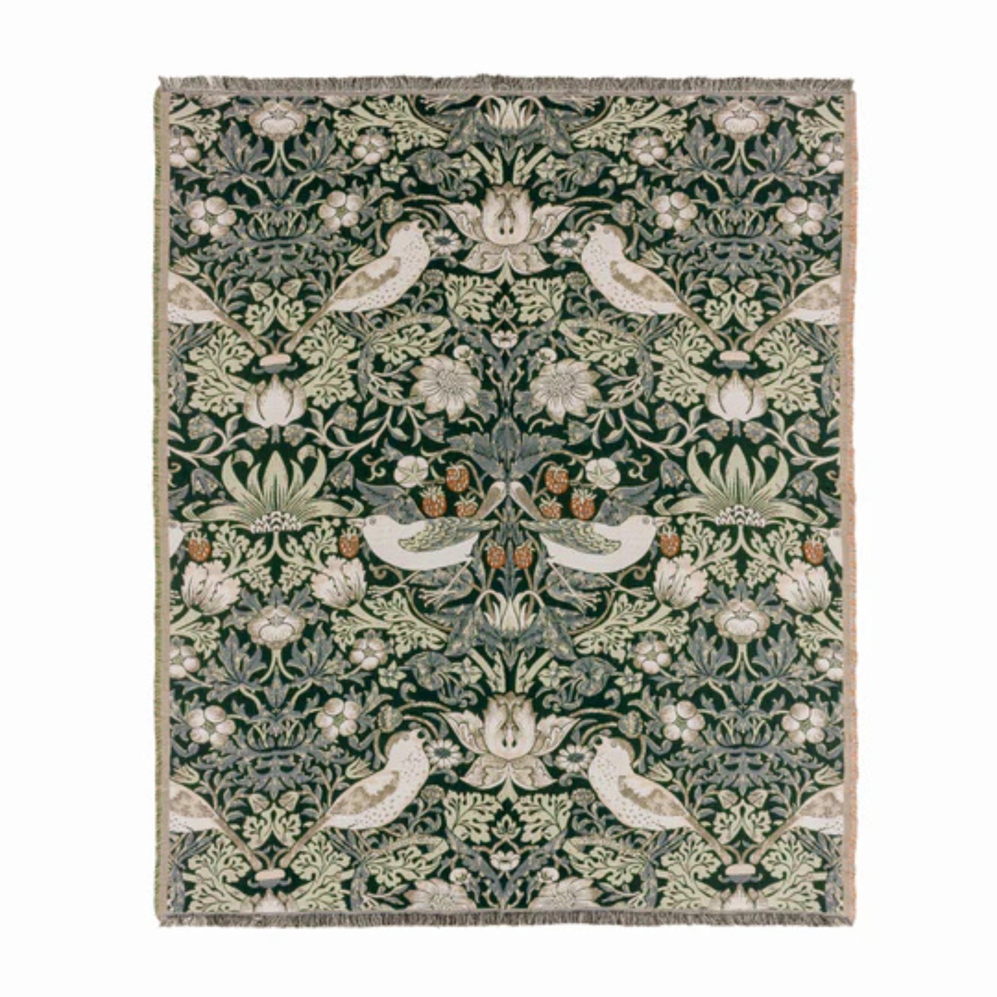 Decorative jacquard throw with floral and bird pattern on a white background