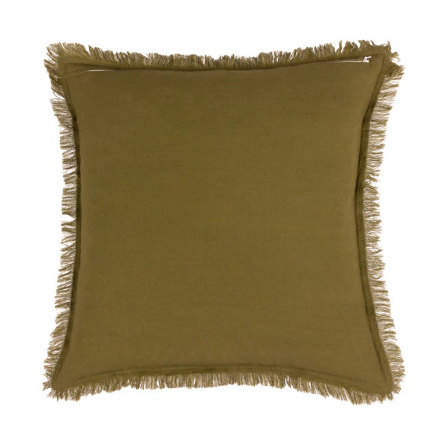 Green cushion with frayed edges on a white background