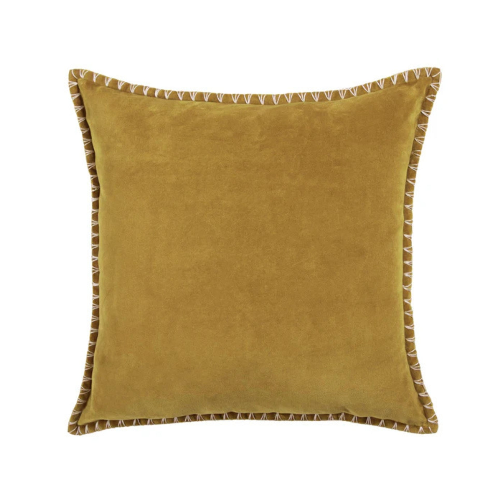 Mustard yellow pillow with decorative stitch trim on a white background
