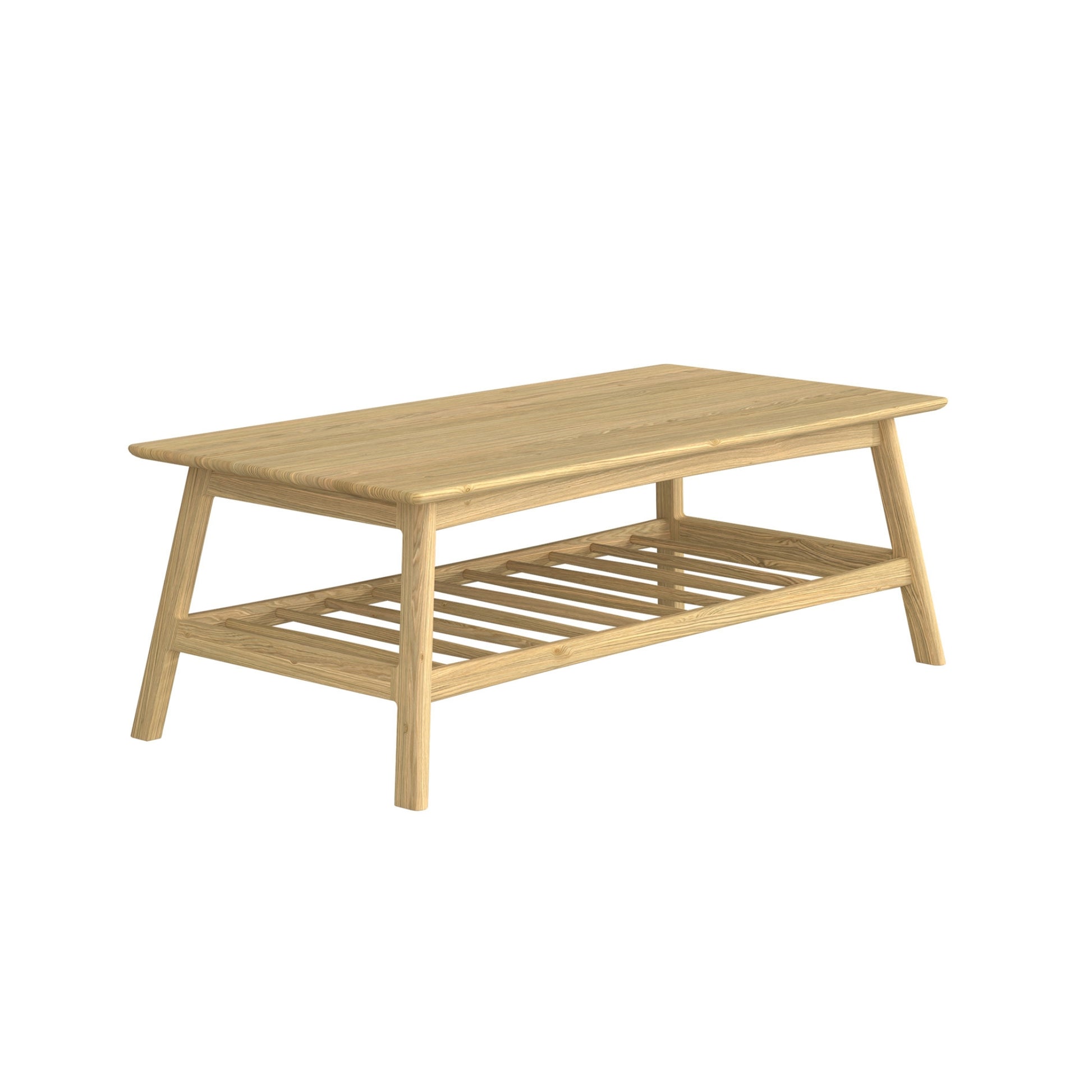 Wooden coffee table with a shelf on a white background