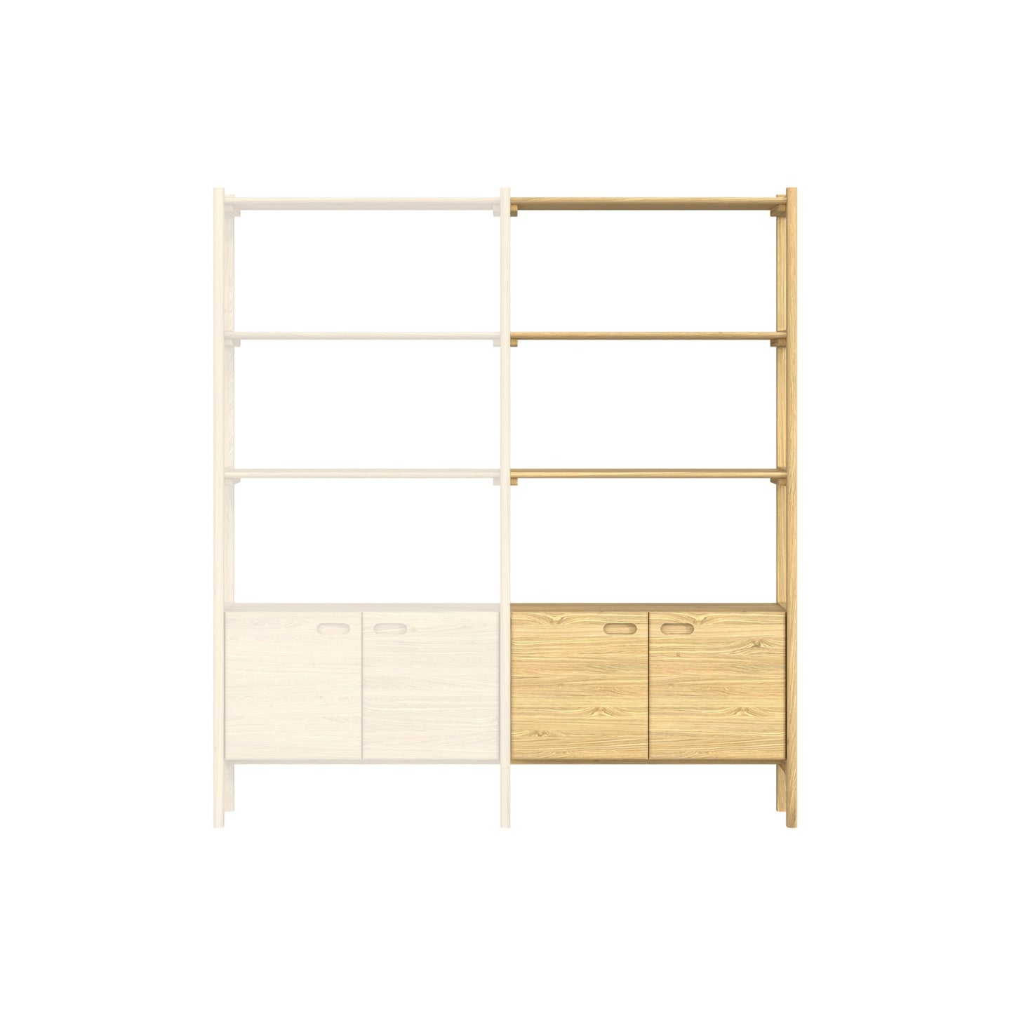 Wooden shelving unit with cabinets on a white background