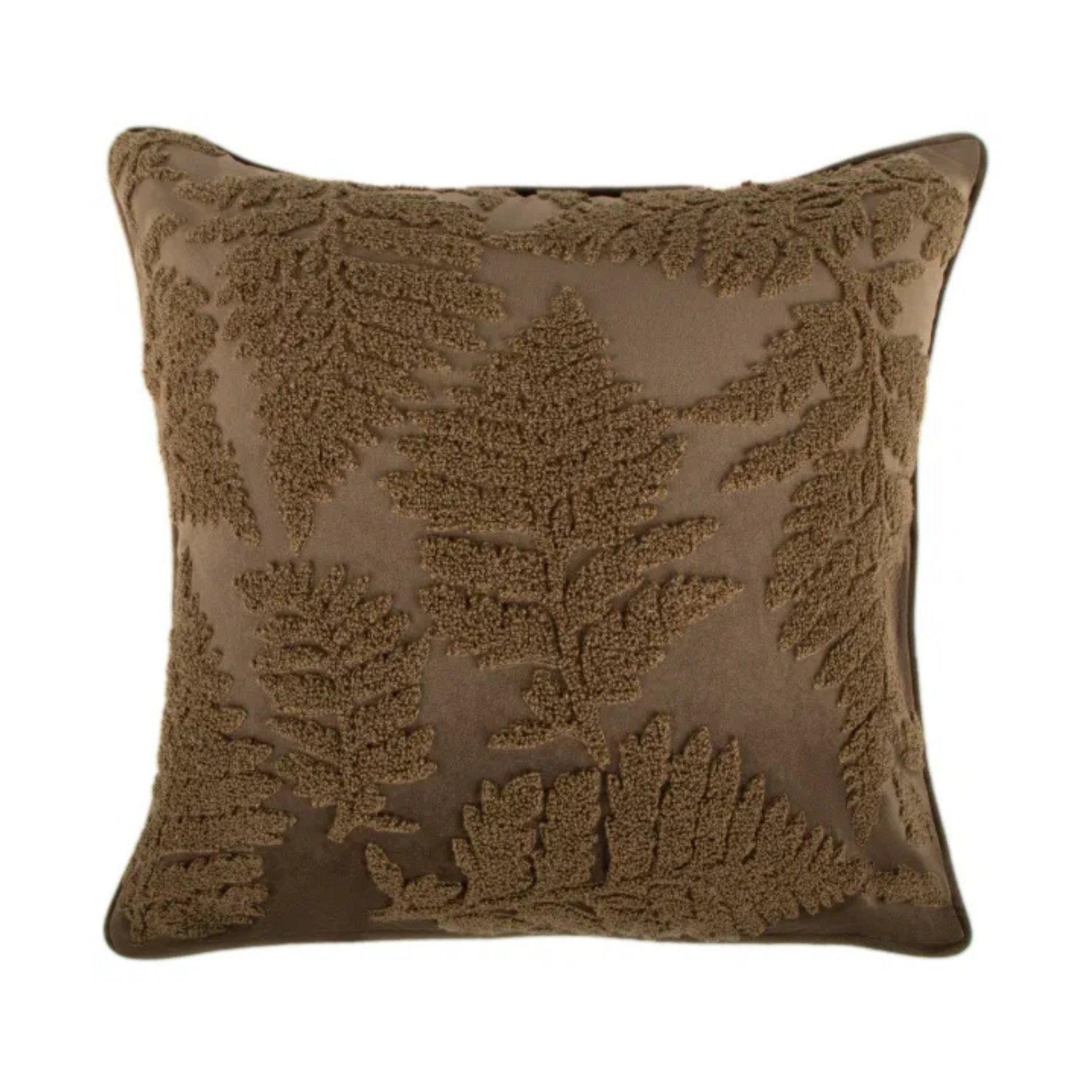 Olive green decorative pillow with leaf pattern on a white background