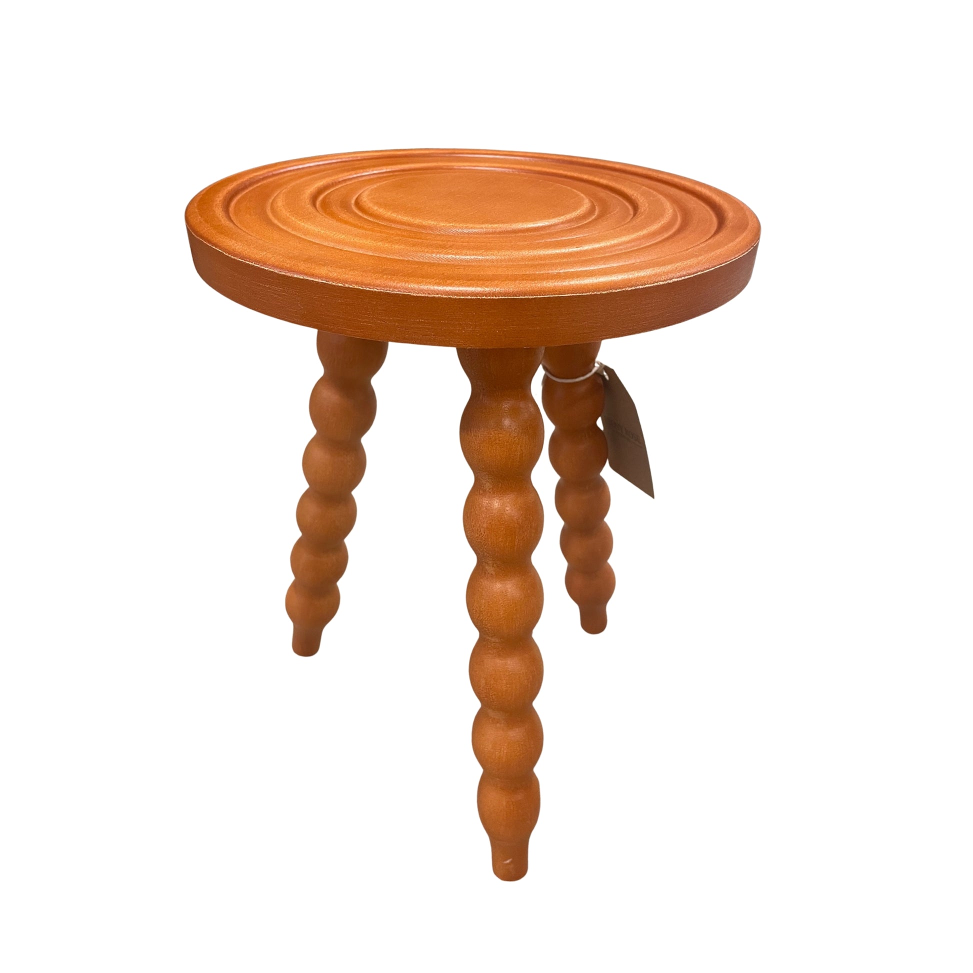 Wooden orange side table or stool with spiral legs on a white background