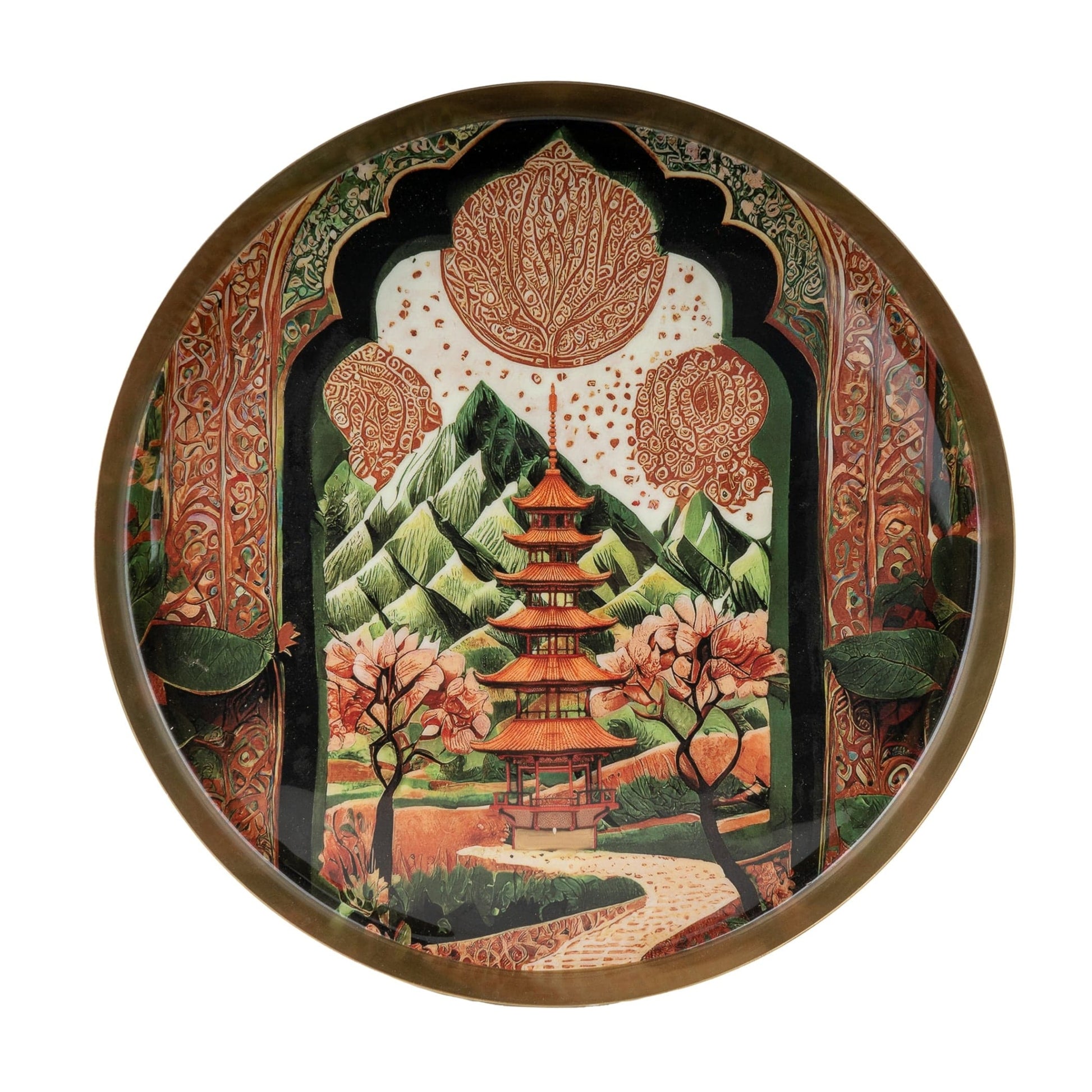 Decorative tray with a scenic design of a pagoda and mountains, framed by decorative elements.