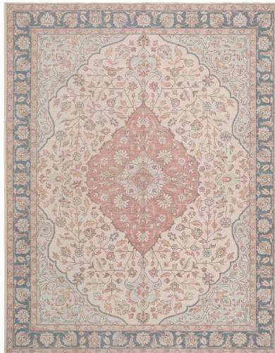 A traditional oriental-style area rug with an intricate floral pattern, featuring a dusty pink central medallion and a muted blue border on a cream background.