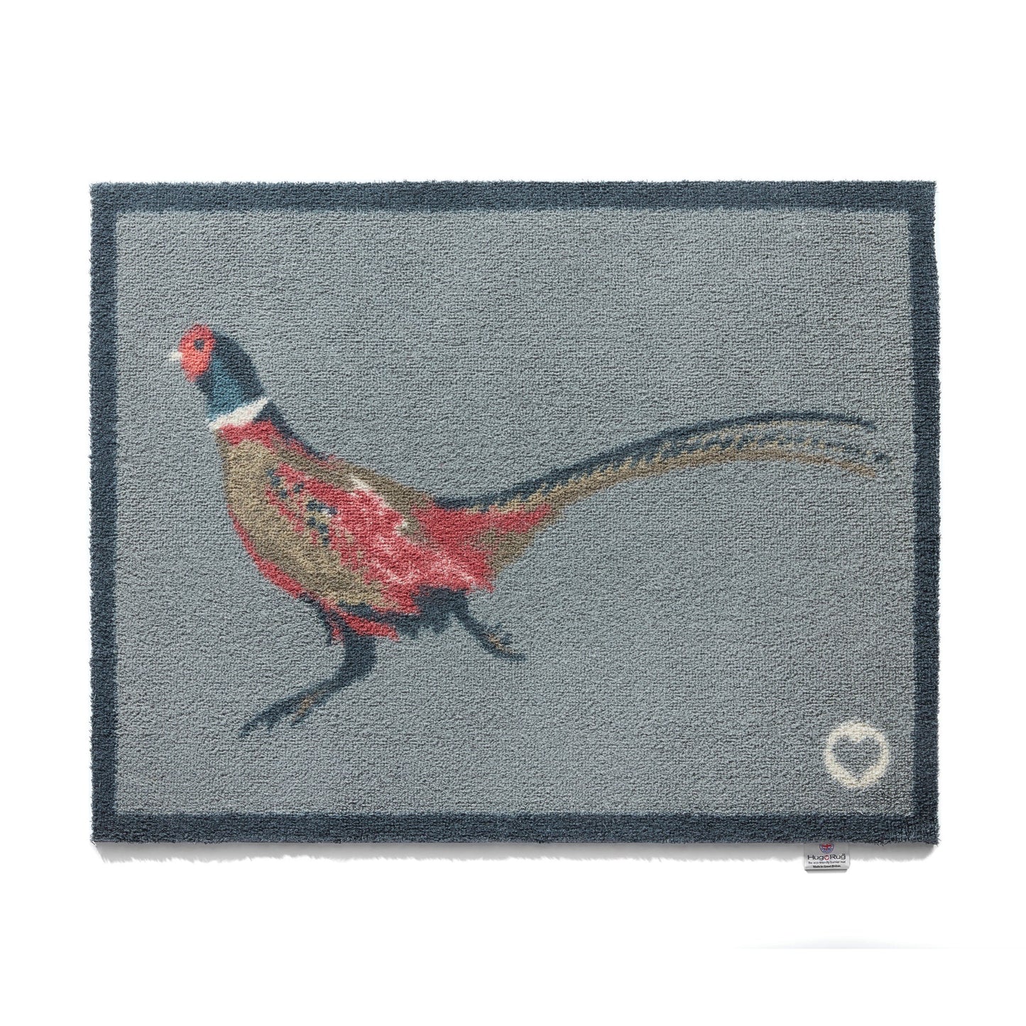 Washable Hug Rug doormat with a light grey back round, dark grey border and a single pheasant design 