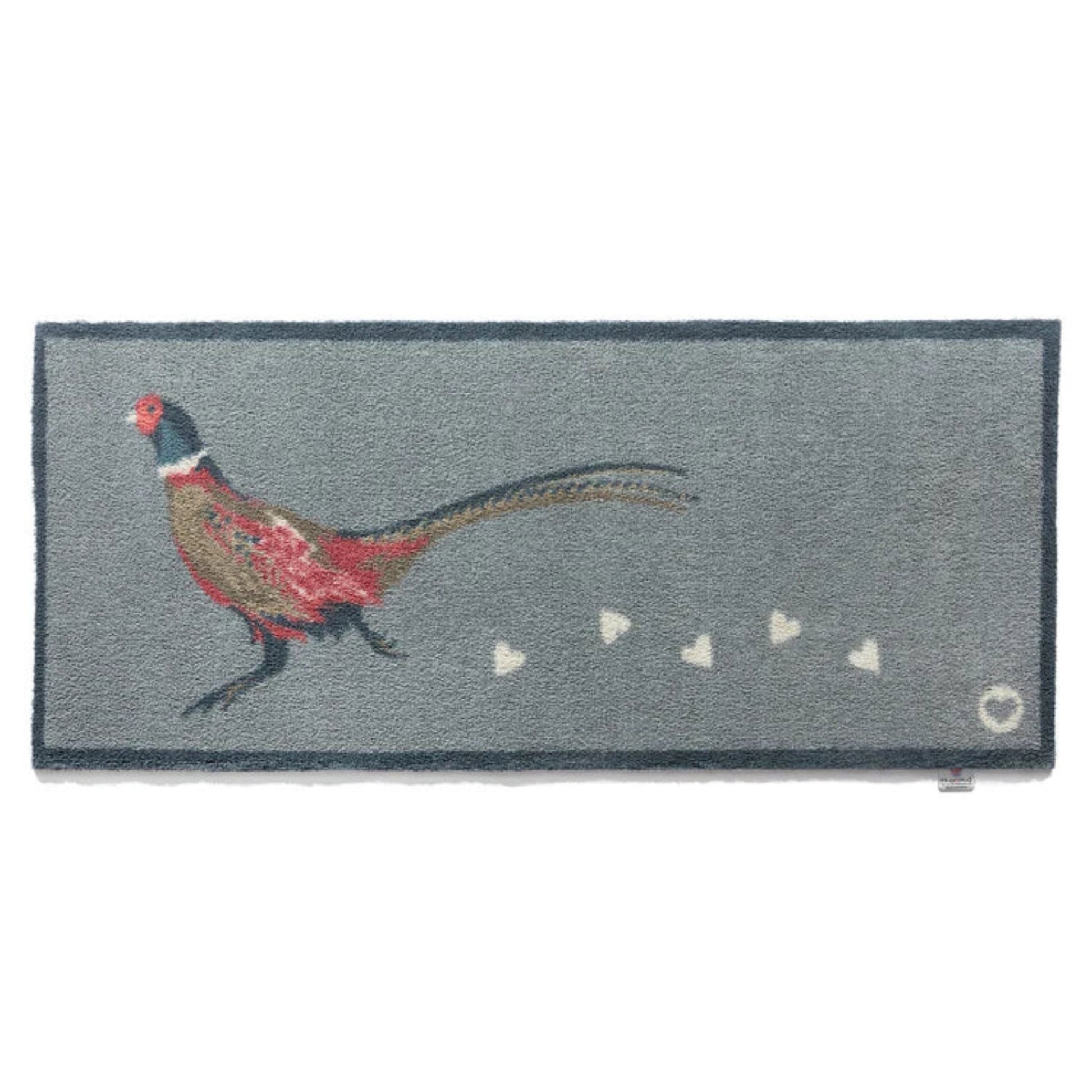 Rectangular rug with a pheasant design on a gray background