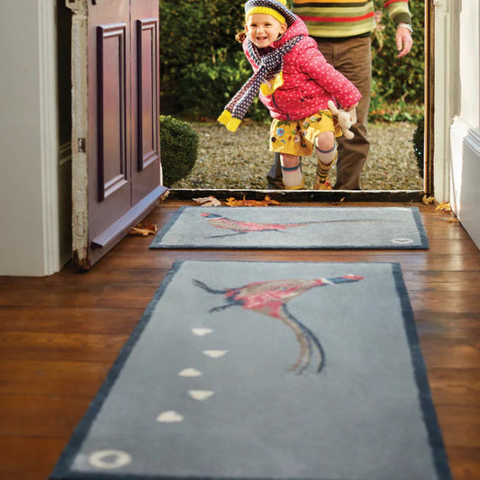 Children's rugs with animal designs on a wooden floor, with a child in colorful clothing standing outside.