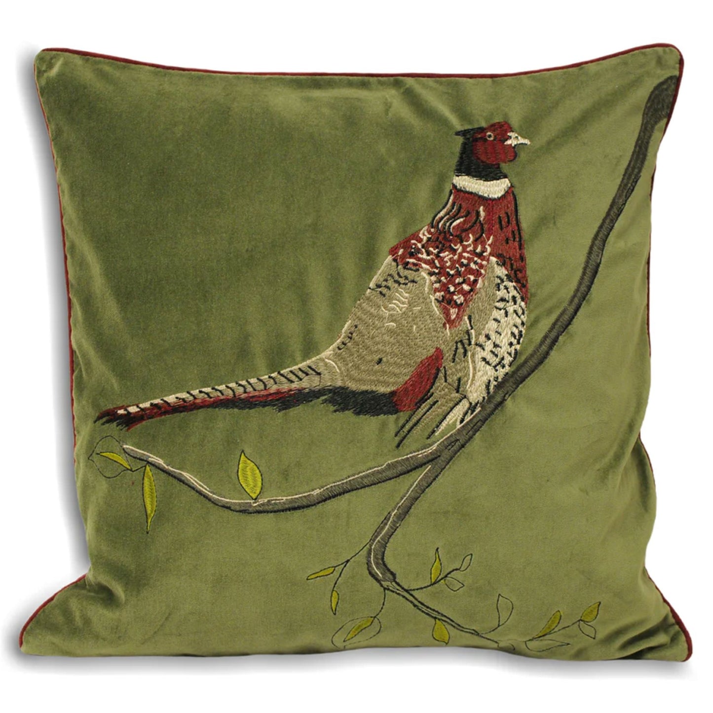 Pheasant Green Velvet Cushion