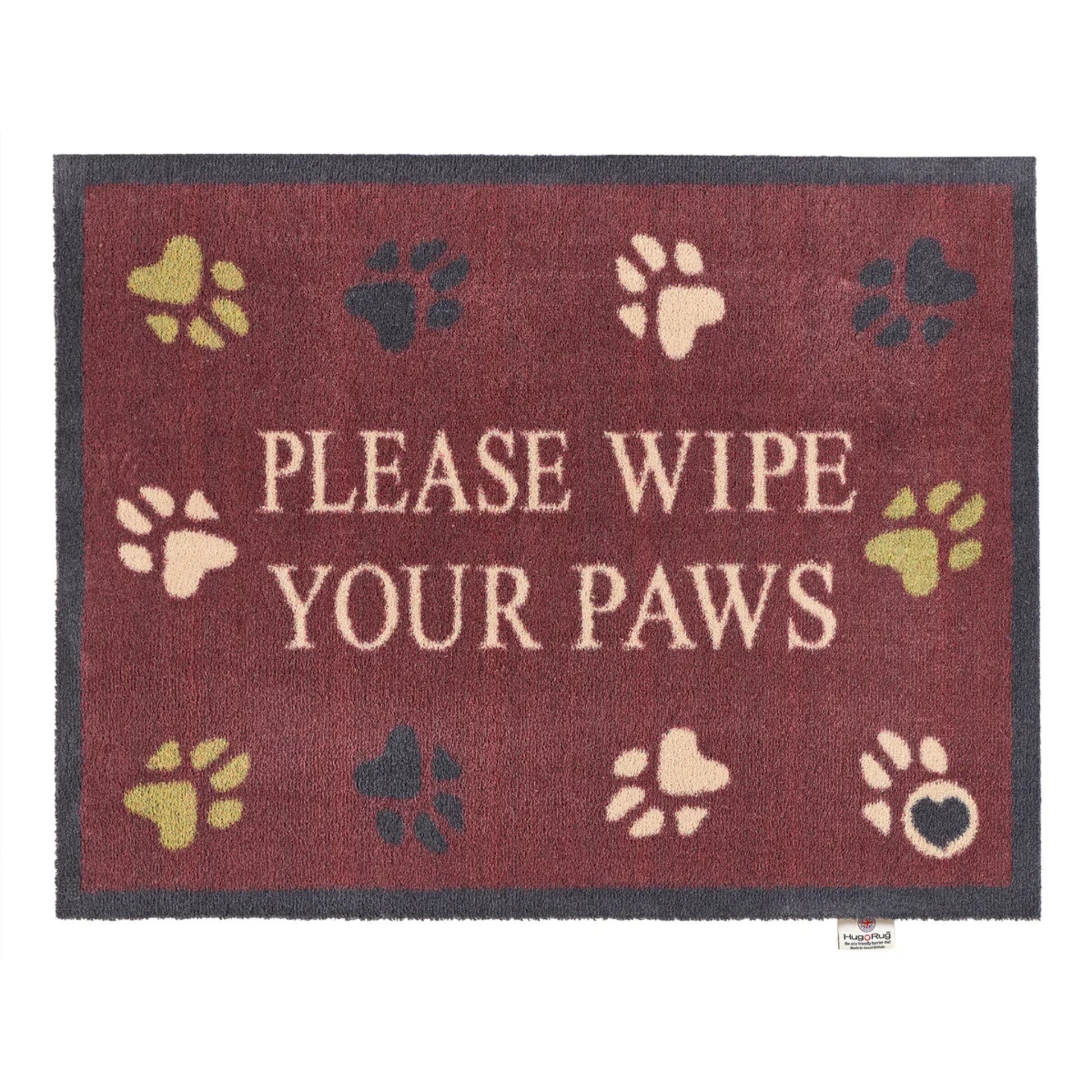 Burgandy mat with paw prints and the words 'Please wipe your paws'