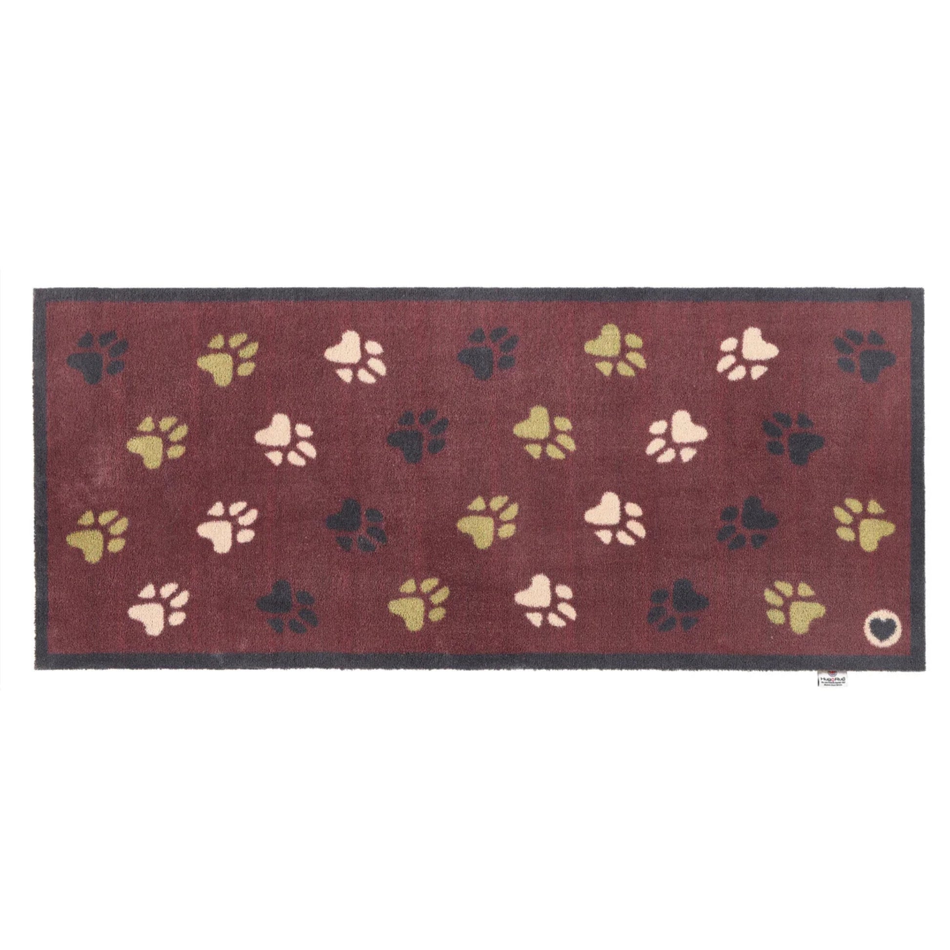 Burgandy mat with paw prints on a white back ground'