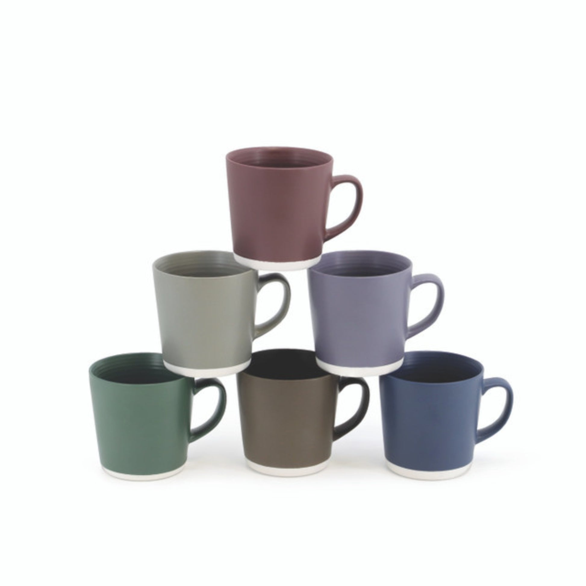 Set of six mugs in different colors arranged in a pyramid formation on a white background.