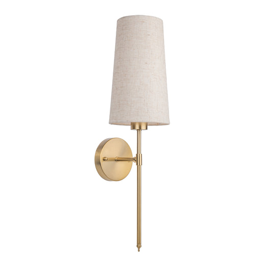 Wall-mounted light fixture with a beige lampshade on a white 