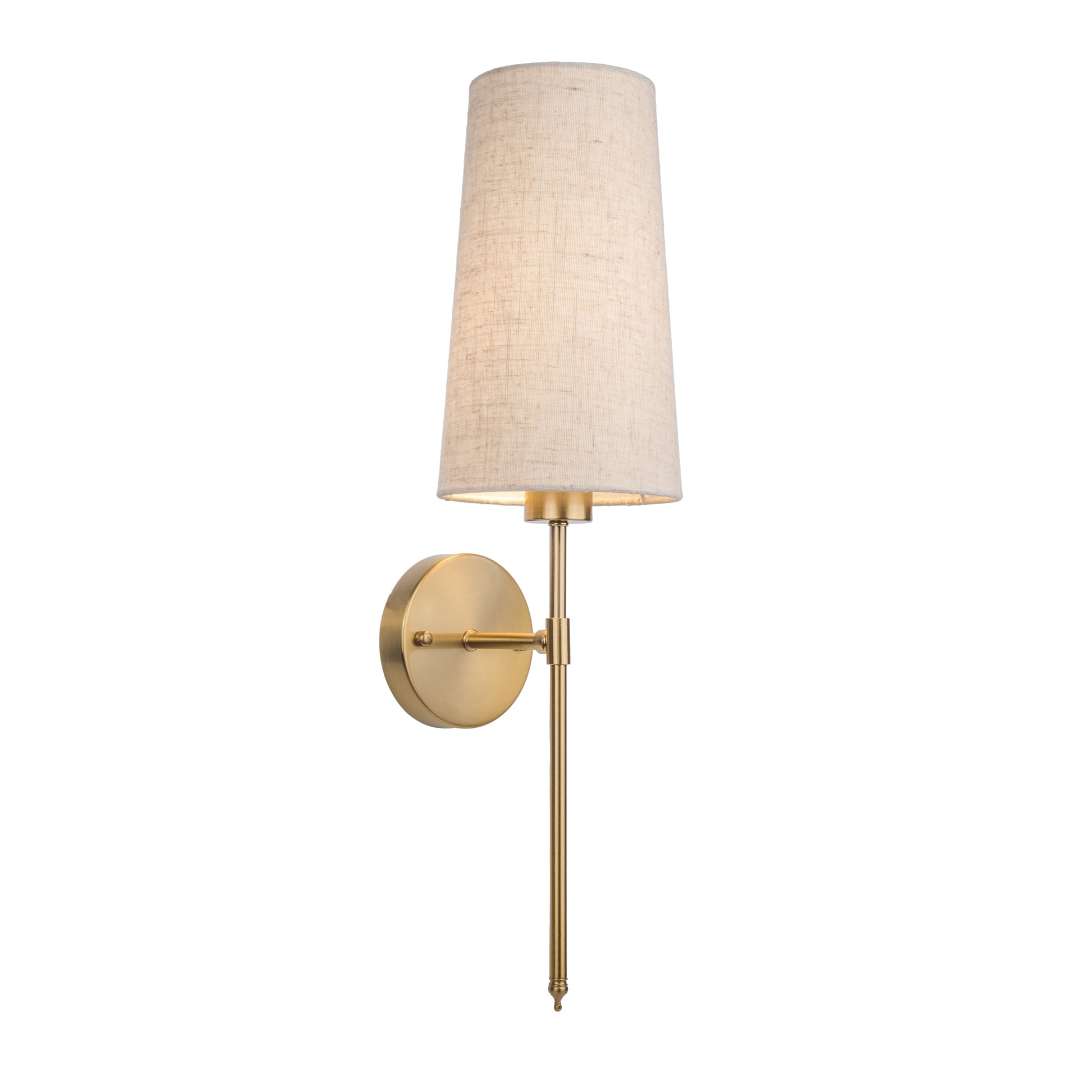 Wall-mounted light fixture with a beige lampshade on a white 