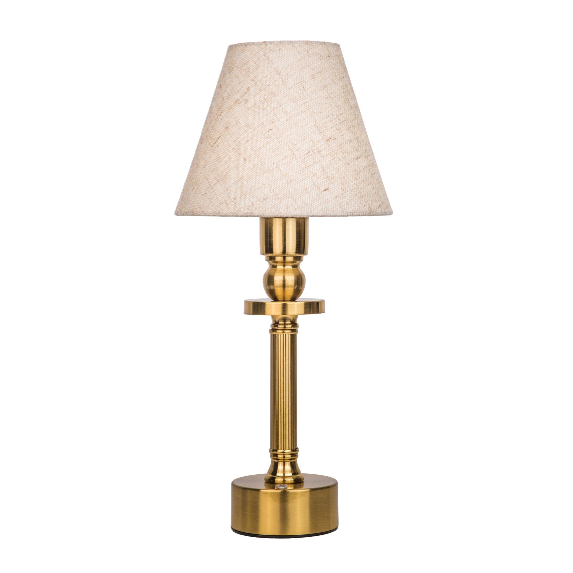 Table lamp with gold base and beige lampshade on a white background