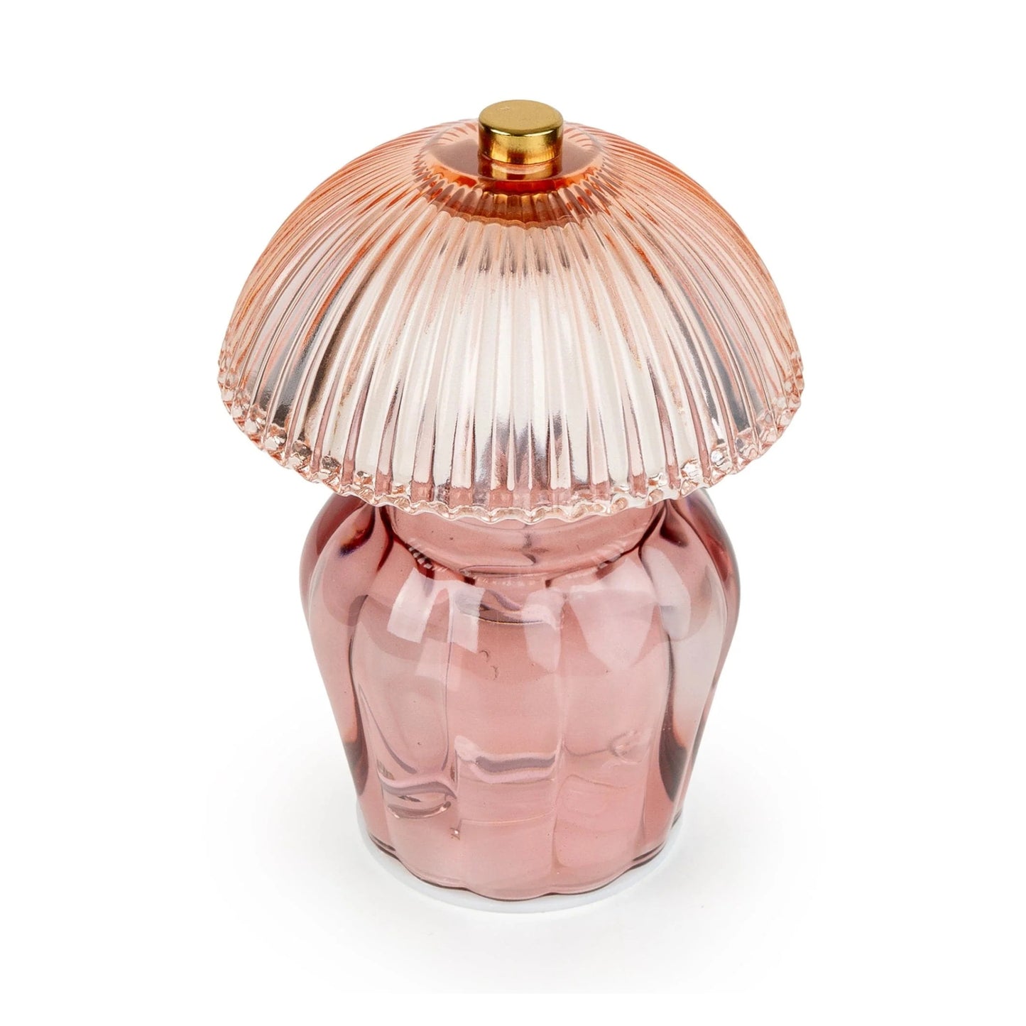 Pink glass perfume bottle with a gold cap on a white background