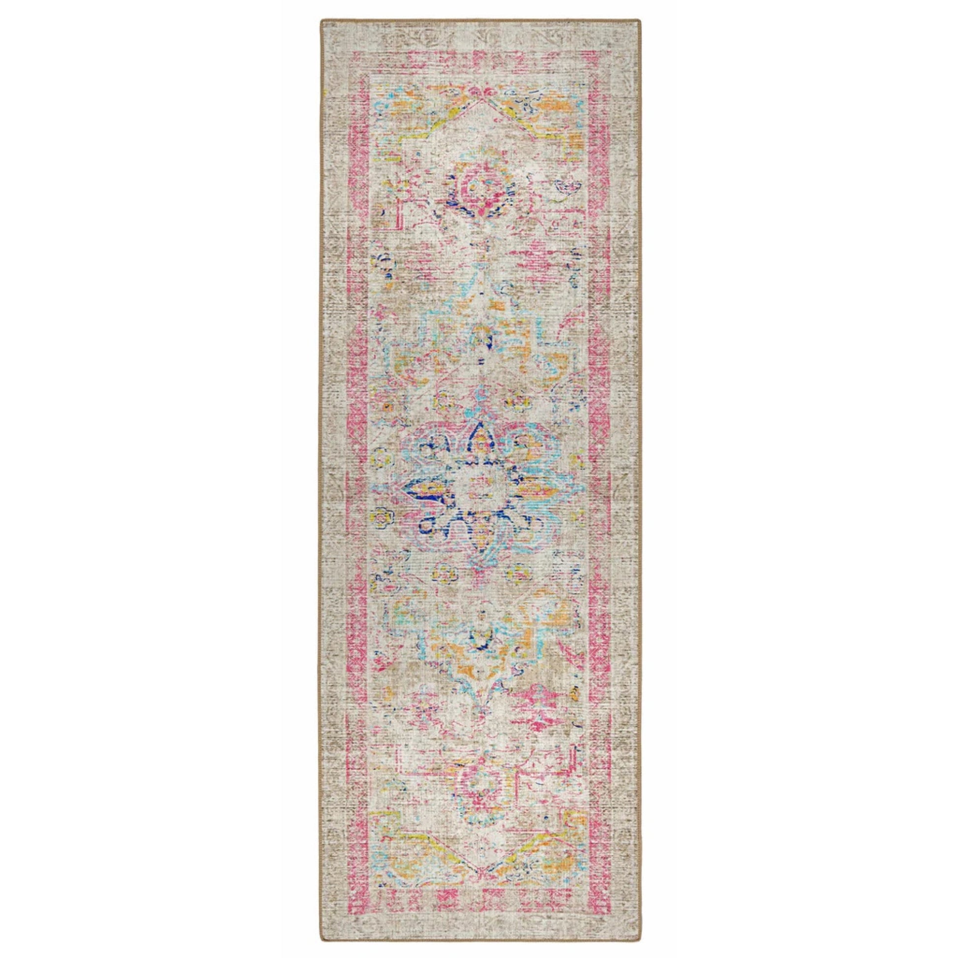 Long, narrow area rug with a floral pattern on a white background