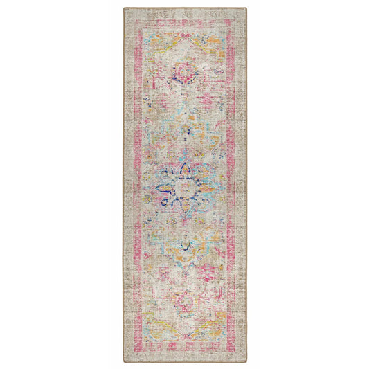 Long, narrow area rug with a floral pattern on a white background