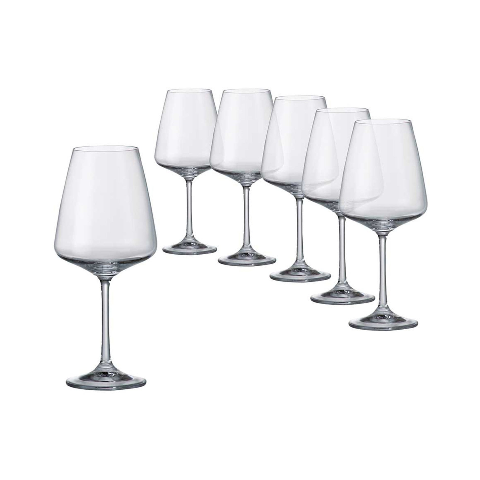 Set of six clear wine glasses on a white background