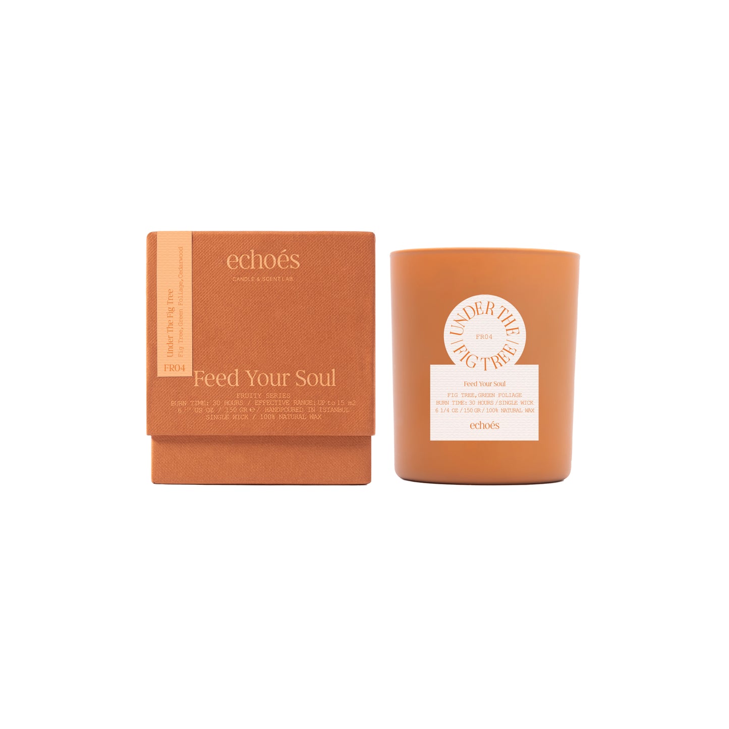 A tumbler candle with a beige label under the fig tree branding, next to its brown packaging box.