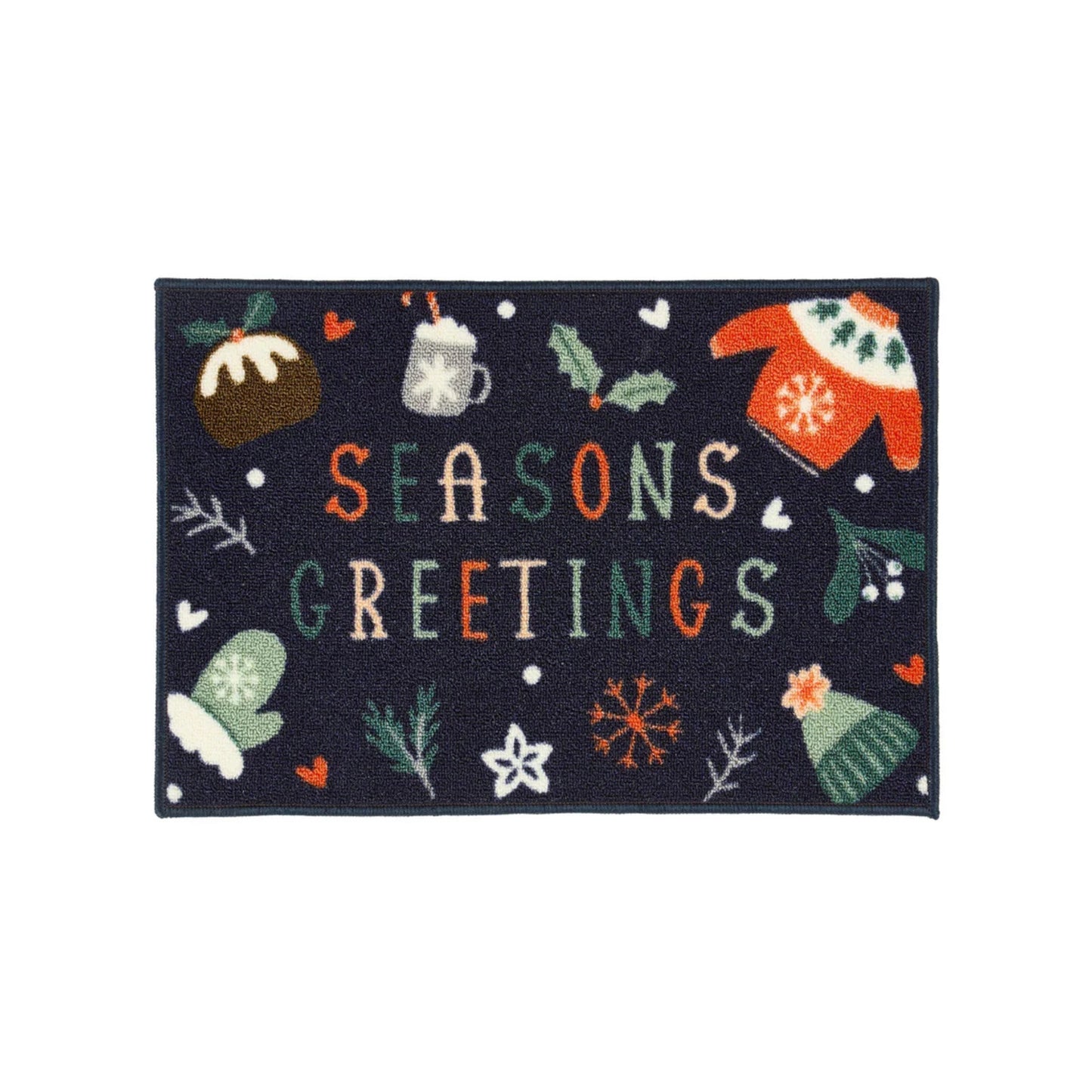 Navy blue rug with 'Seasons Greetings' text and festive illustrations on a white background