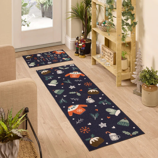 Decorative Christmas-themed rug on a wooden floor with festive decorations.