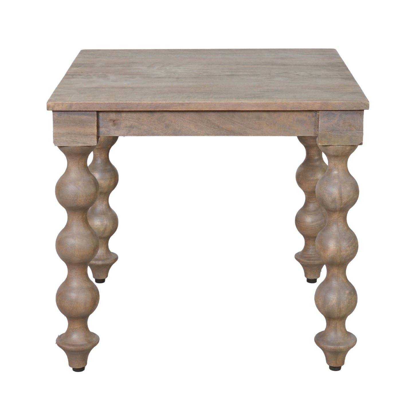 Wooden side table with decorative legs on a white background