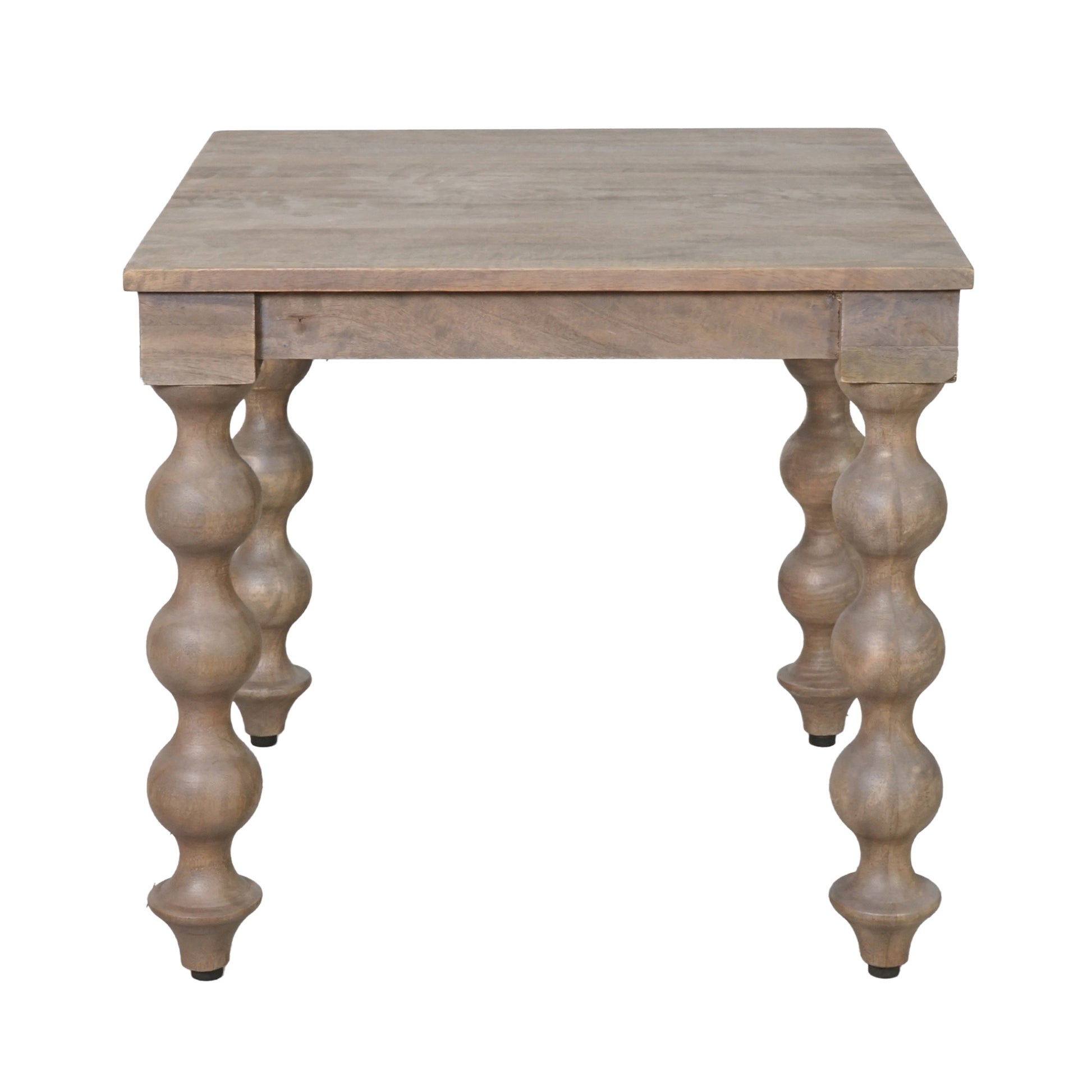 Wooden side table with decorative legs on a white background